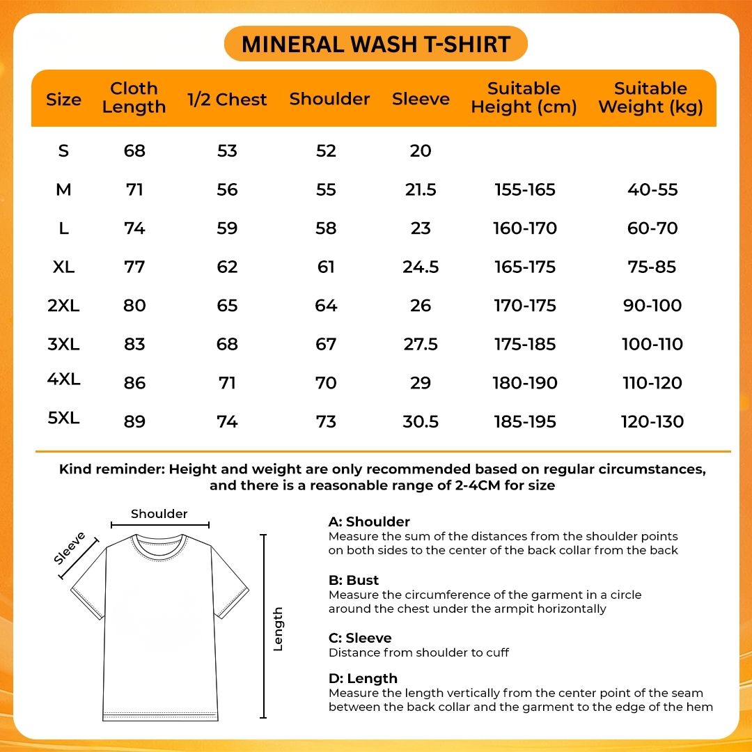 Mineral Wash T Shirt Size Chart - Bruce Springsteen Shop